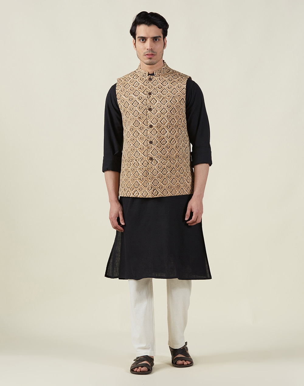 Black Floral Printed Nehru Jacket With Kurta Pyjama Set – Jompers