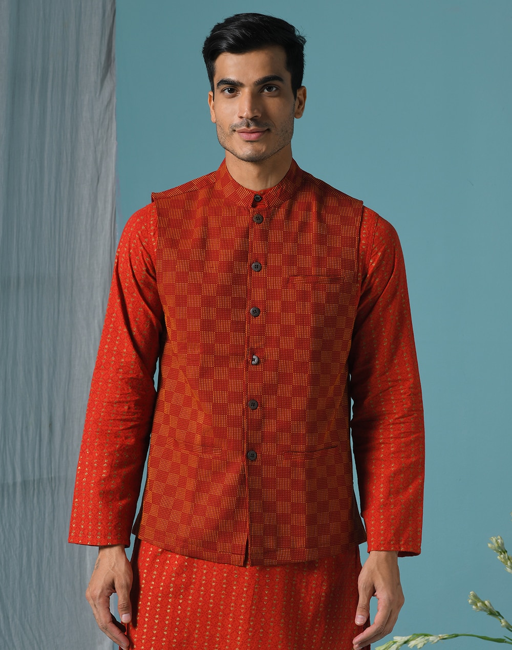 Woven Art Silk Jacquard Nehru Jacket in Red : MTR489